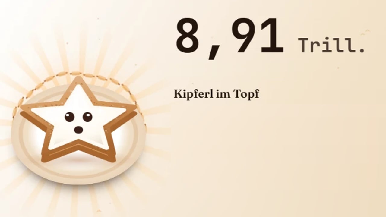 Gezeichneter Zimtstern mit kleinem Gespenstergesicht auf einem Teller, umgeben von Lichtstrahlen; daneben die Zahl 8,91 Trill. und darunter „Kipferl im Topf“