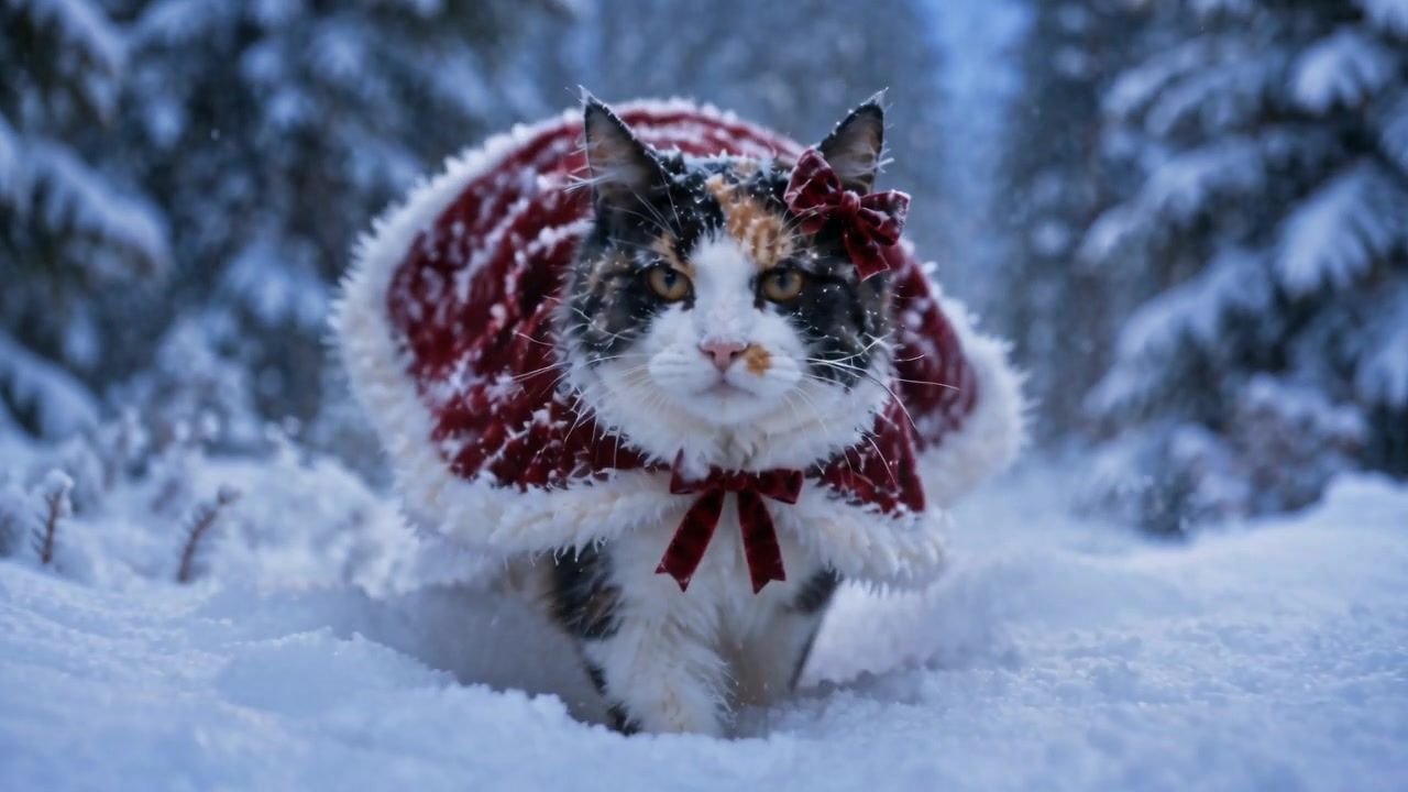 Snoopy, eine dreifarbige Katze, im roten Cape mit weißem Fellsaum und roter Schleife im Ohr, stapft durch tiefen Schnee vor verschneiten Tannen